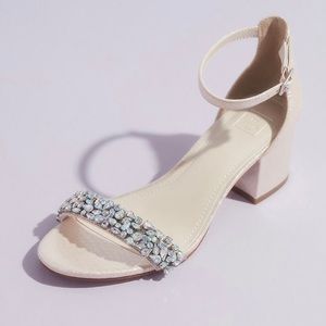 Blush Mid- Block Heel Sandals with Iridescent Crystals